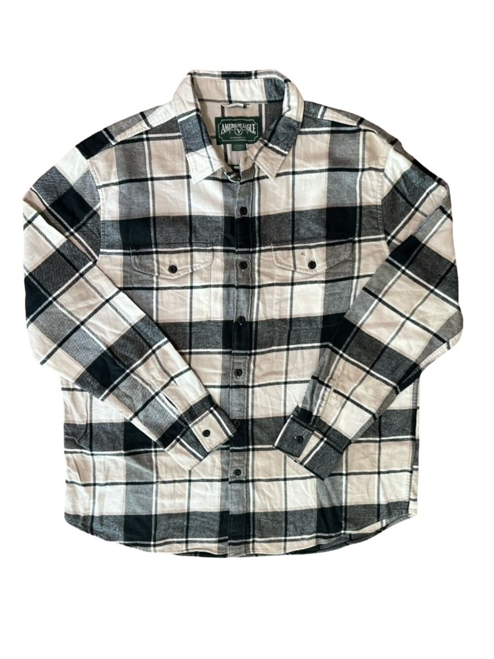 American Eagle Mens XL Plaid Flannel Long Sleeve Button Shirt Black Tan White